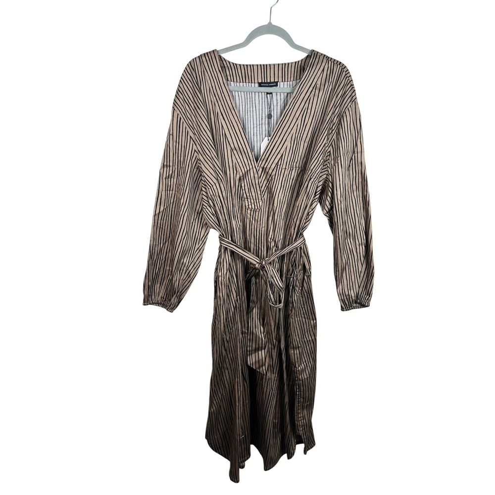 Universal Standard Wrap Dress Women L Tan Black NEW Striped‎ USDR0898